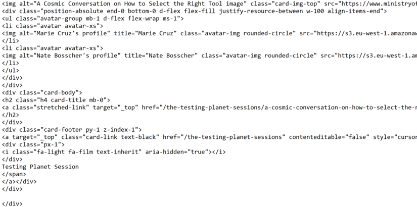 Image: Output from executing Get DOM Raw Bookmarklet on the Ministry of Testing Website