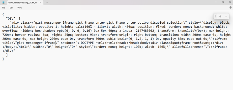 Image: Output from executing Get DOM Hidden Bookmarklet on the Ministry of Testing Website