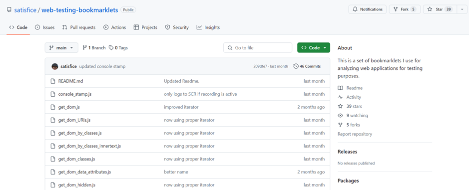 Image: Github repository containing Web Testing Bookmarklets