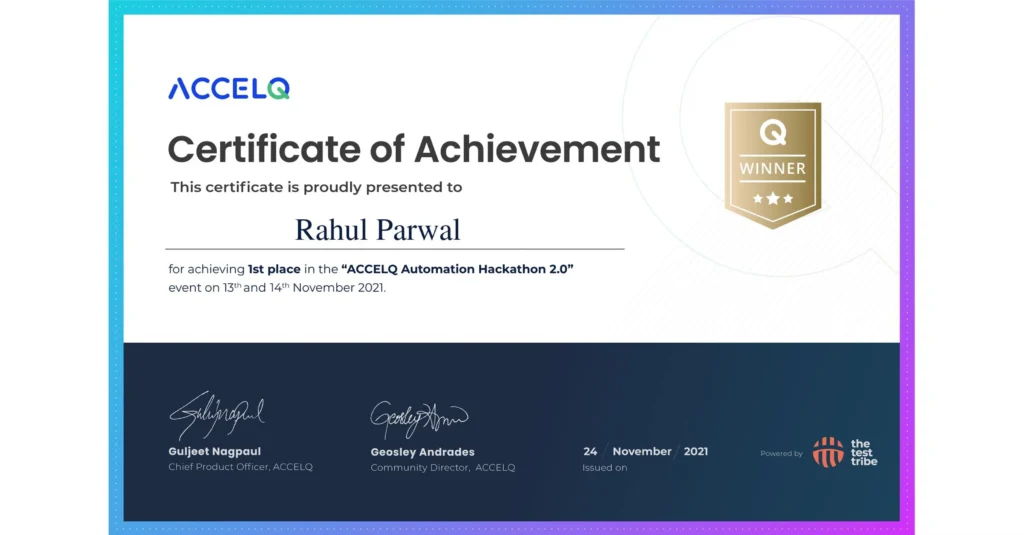 certificate of achievement provided to rahul parwal for achieving 1st place in the "ACCELQ Automation Hackathon 2.0"