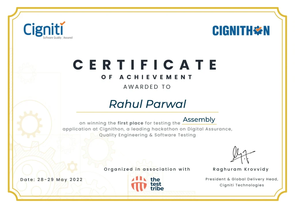 certificate of achievement awarded to rahul parwal on winning 1st place for testing assembly application at cignithon