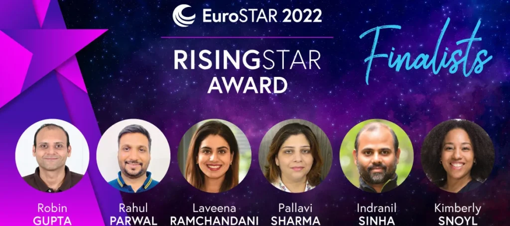 promotional image for the eurostar 2022 rising star award featuring the six finalists: robin gupta, rahul parwal, laveena ramchandani, pallavi sharma, indranil sinha, and kimberly snoyl.