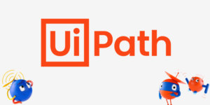 The UiPath logo is prominently displayed in red, accompanied by three playful, cartoon-like characters in blue and orange, symbolizing automation and innovation in a friendly and approachable way.