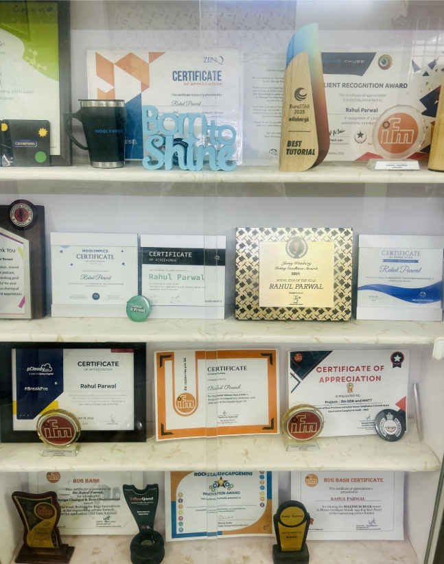 a display shelf showcasing multiple awards, certificates, plaques, and trophies recognizing professional achievements.