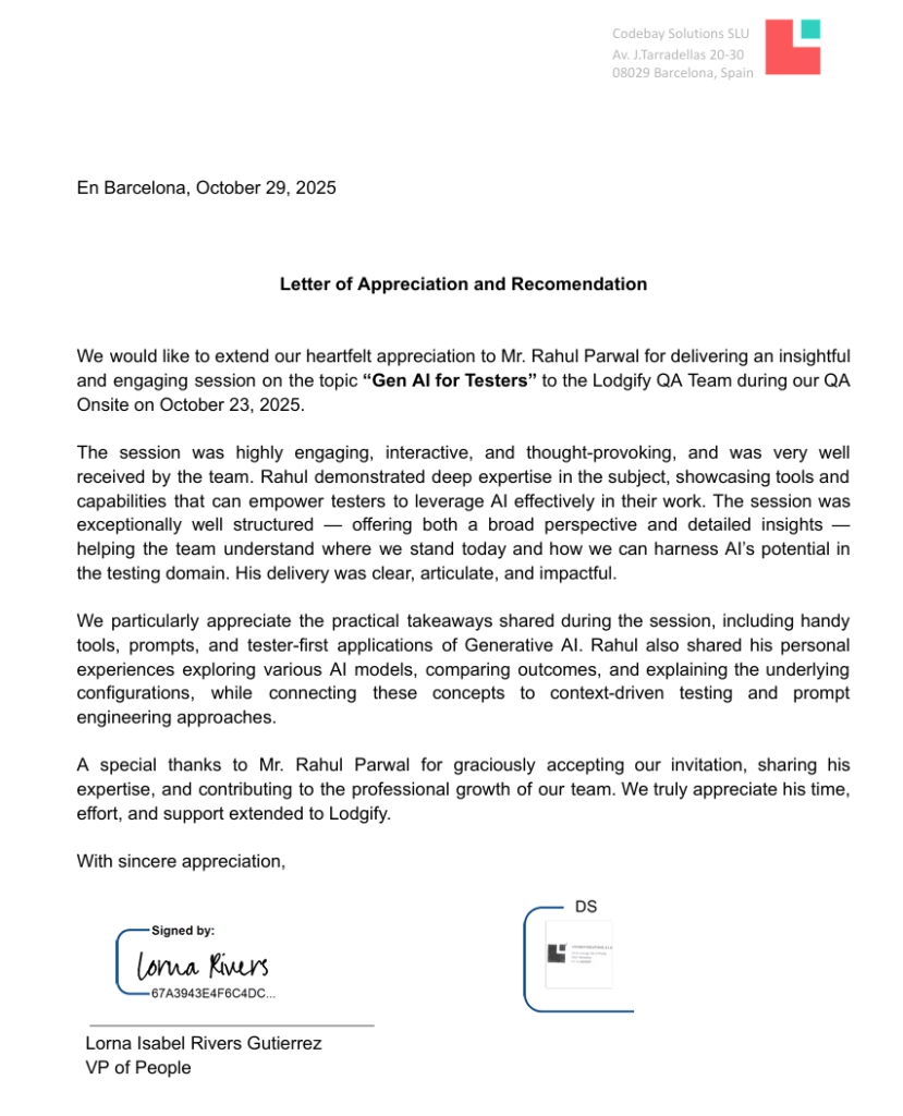 Letter of recommendation and appreciation for delivering a great session on Gen AI for the QA team at Lodgify!