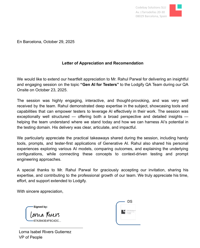 Letter of recommendation and appreciation for delivering a great session on Gen AI for the QA team at Lodgify!