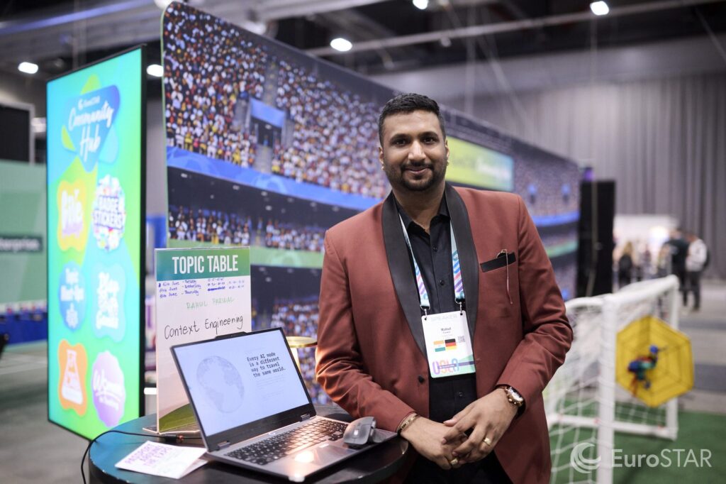 Rahul Parwal hosting the Context Engineering topic table at the EuroSTAR 2026 Community Hub