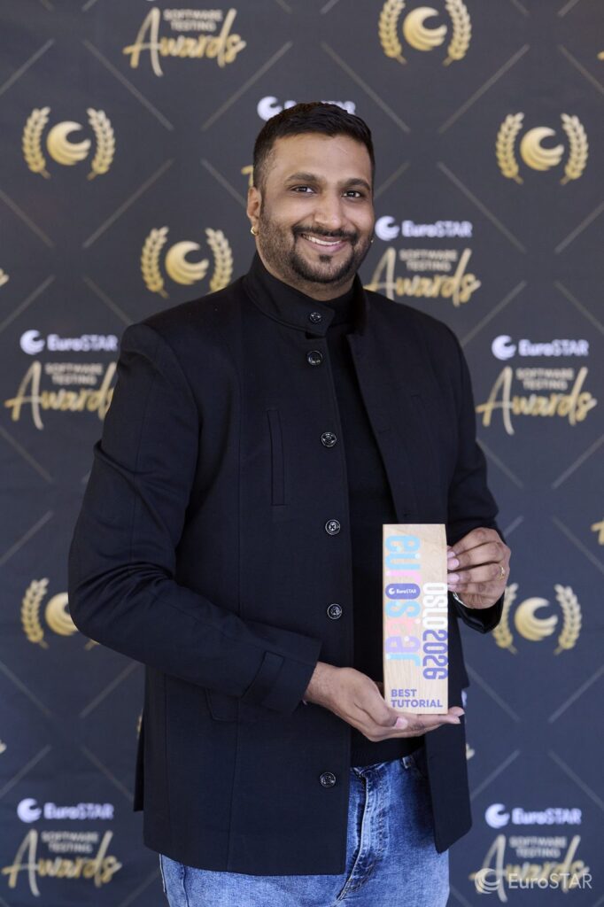 Rahul Parwal with the EuroSTAR 2026 Best Tutorial trophy, his second consecutive win