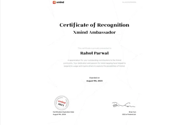 Certificate awarded to Rahul Parwal recognizing his contributions as an Xmind Ambassador, appreciating his dedication to mind mapping and inspiring the community.