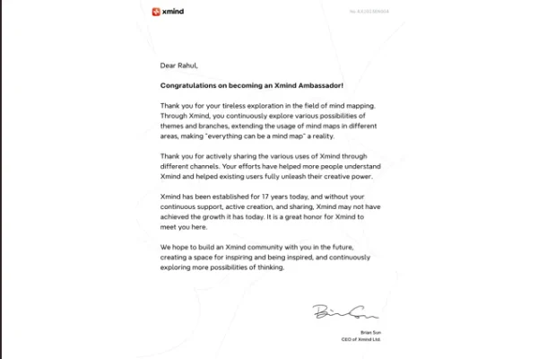 a congratulations letter to rahul parwal by xmind for becoming xmind ambassador.