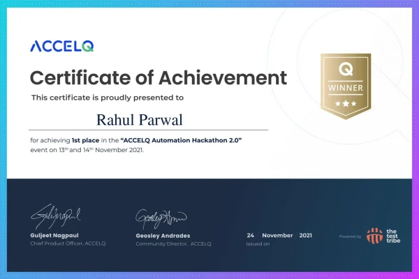 certificate of achievement provided to rahul parwal for achieving 1st place in the "ACCELQ Automation Hackathon 2.0"