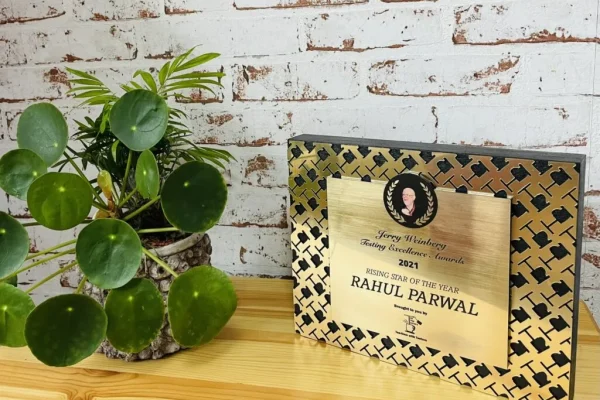 A decorative wooden award plaque sits on a light wooden table next to a lush green potted plant. The plaque, titled "Jerry Weinberg Testing Excellence Awards 2021," honours Rahul Parwal as the "Rising Star of the Year."