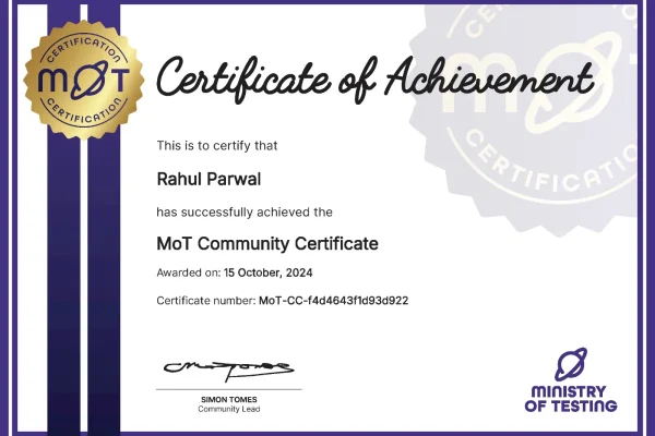 This is to certify that Rahul Parwal has successfully achieved the MOT Community Certificate Awarded on: 15 October, 2024