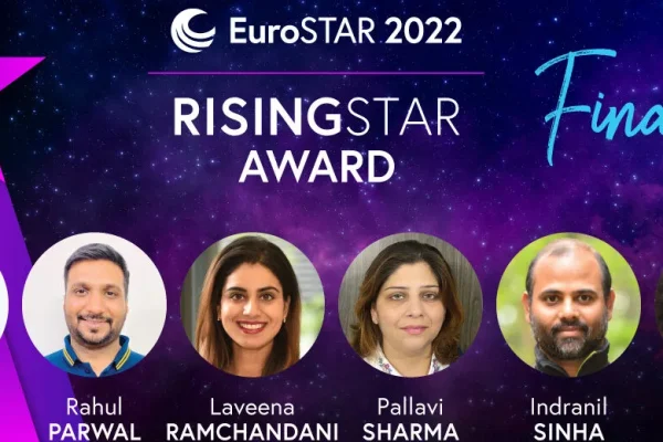 promotional image for the eurostar 2022 rising star award featuring the six finalists: robin gupta, rahul parwal, laveena ramchandani, pallavi sharma, indranil sinha, and kimberly snoyl.