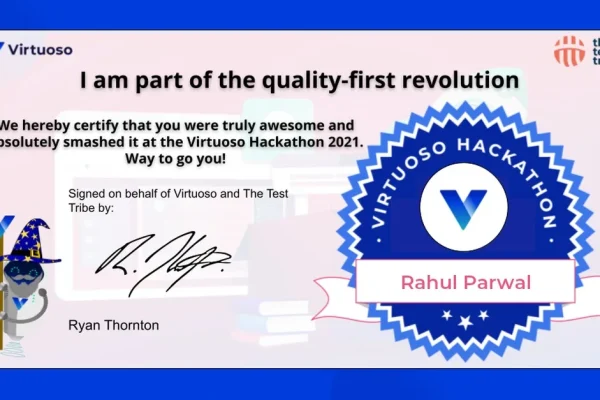 Certificate awarded to Rahul Parwal for outstanding performance at the Virtuoso Hackathon 2021, recognizing his contribution to the quality-first revolution in software testing.